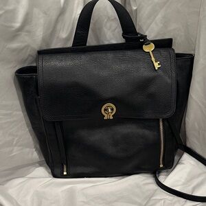 Fossil Black Leather Backpack with Gold Key Charm